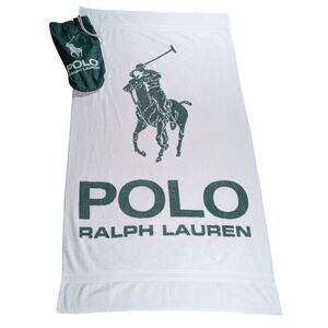 Vintage Polo Ralph Lauren Green Logo White Cotton Beach Towel w/ Drawstring Bag